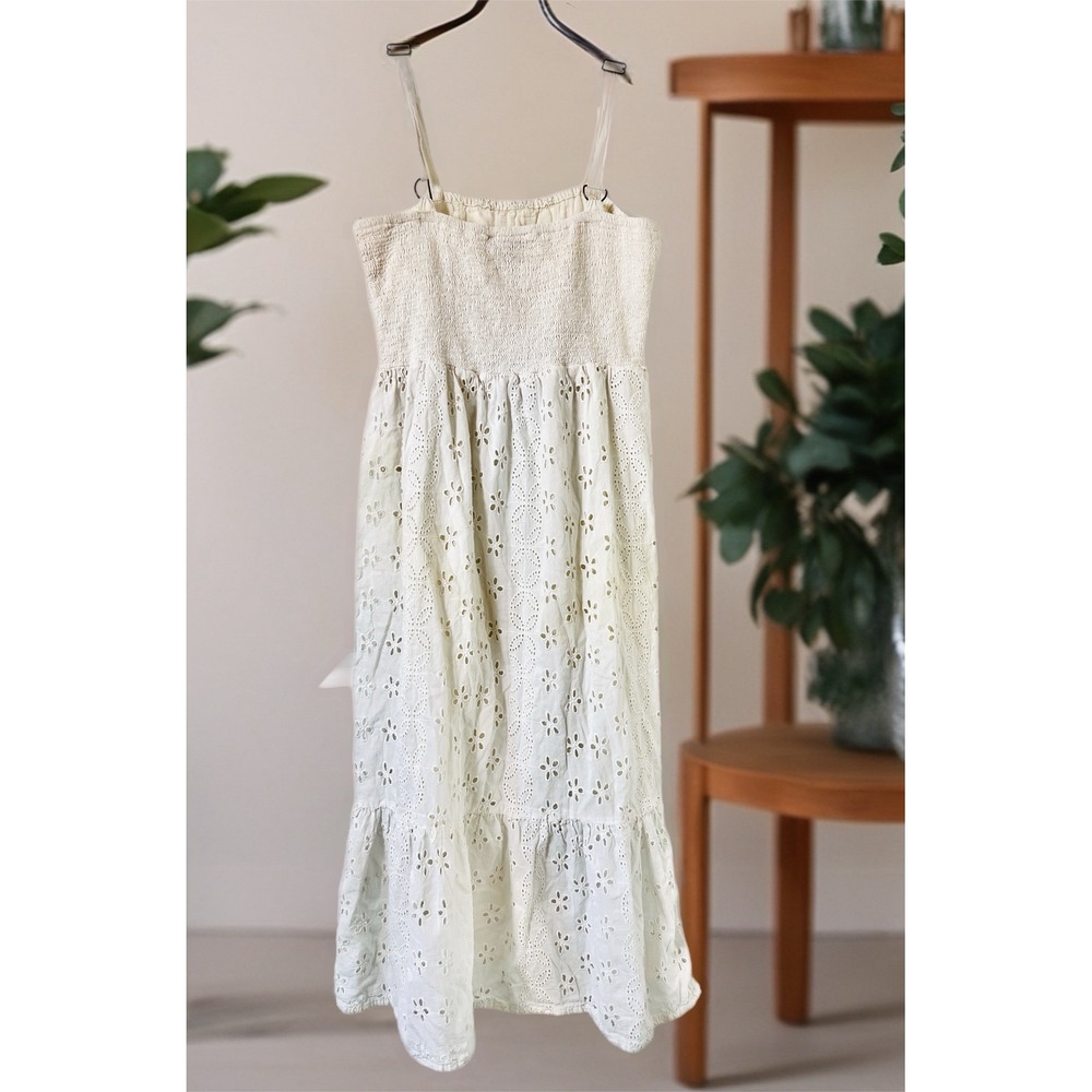 Cottagecore White Eyelet Midi Dress 100% Cotton Smocked Bodice Prairie Boho